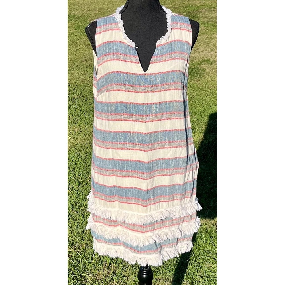 Chelsea & Theodore Dress Womens 10 Blue Red Stripe‎ Fringe Sleeveless Boho